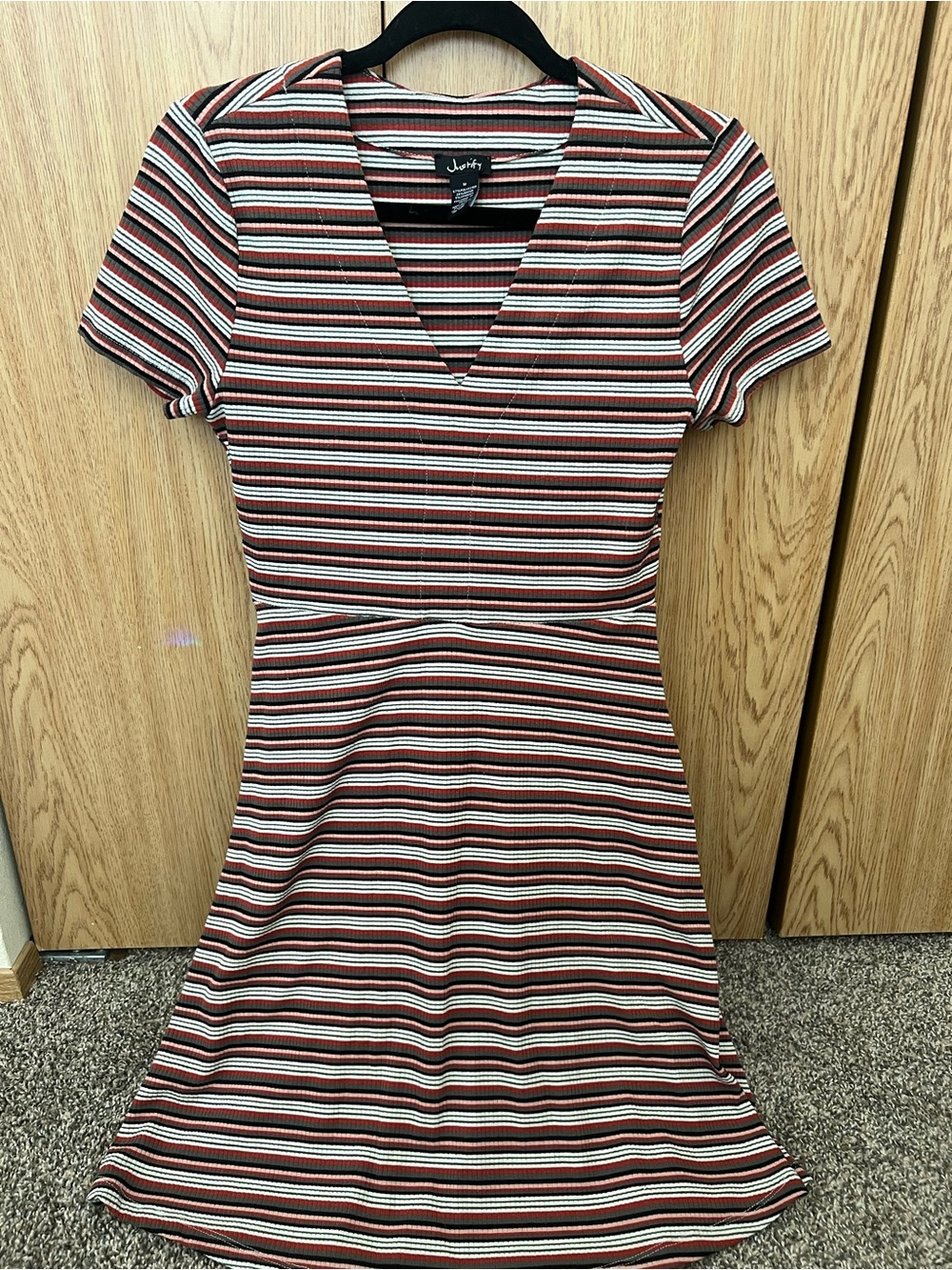 Justify Striped V-Neck A-Line Midi Dress in Rust, Black & White